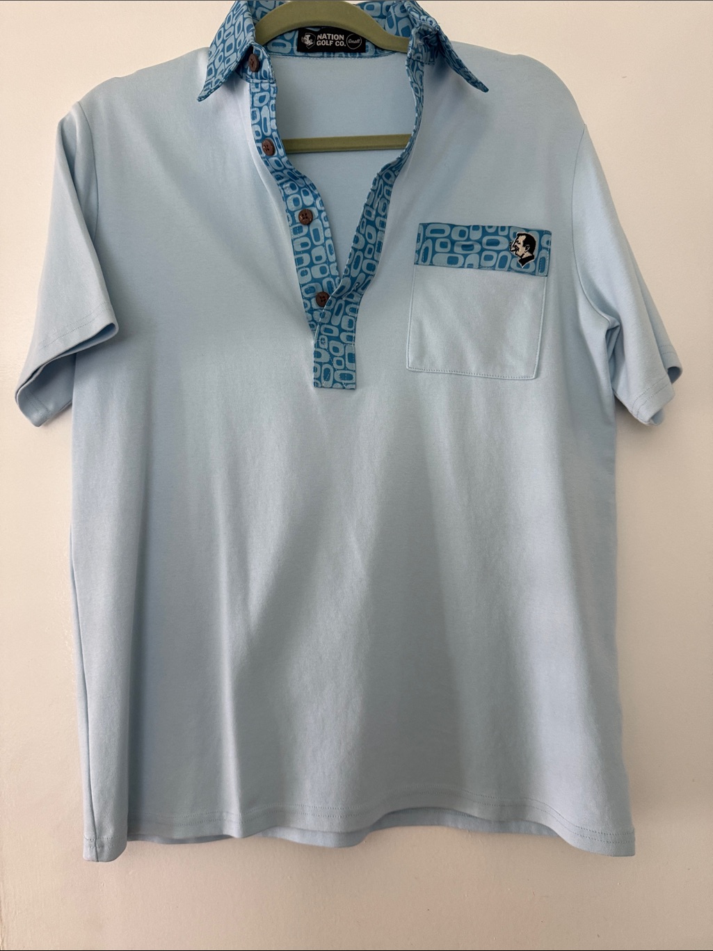 Light Blue Short-Sleeve Polo With Patterned Trim By